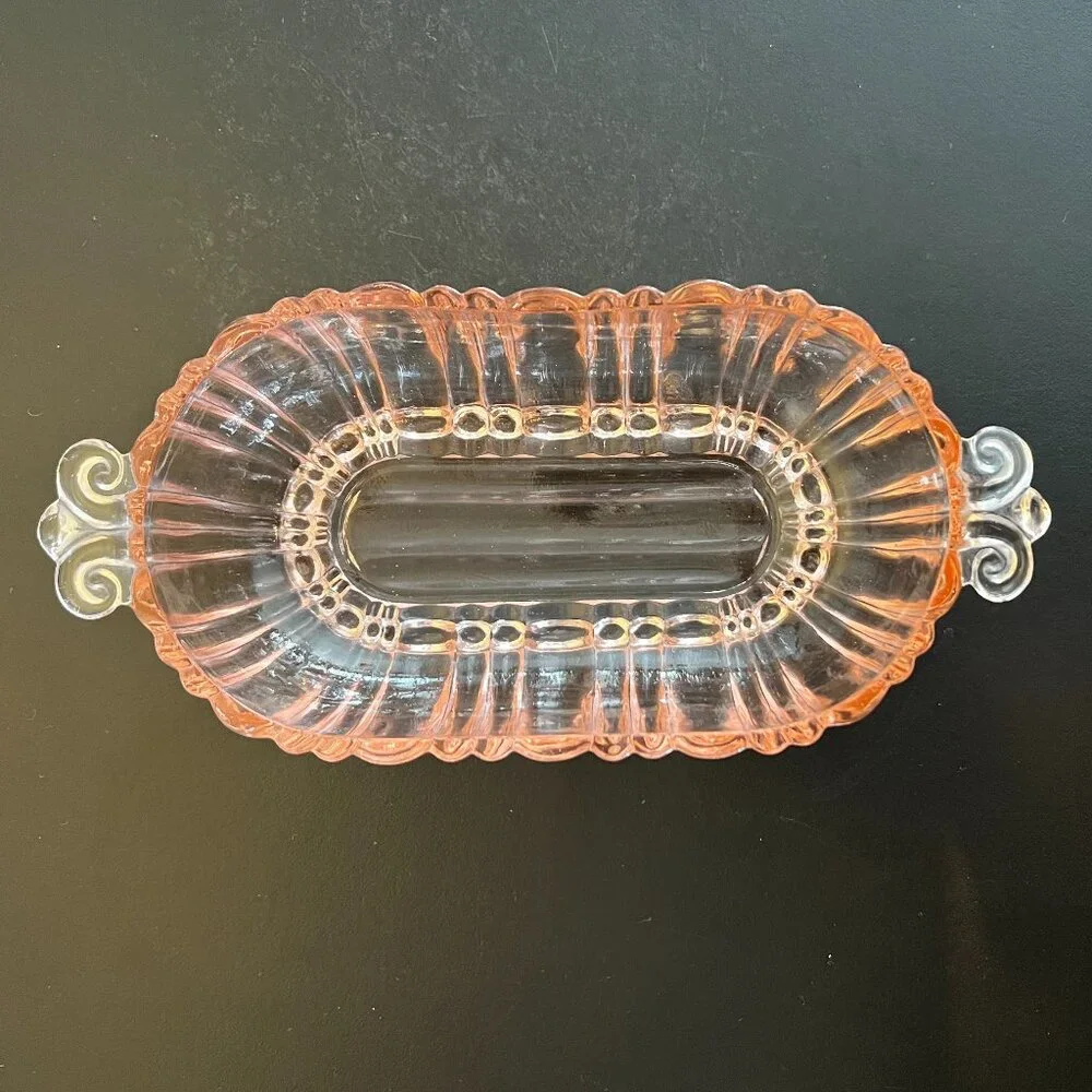 Vintage Anchor Hocking Old Cafe Pink Depression Glass Oval Relish Serving Dish